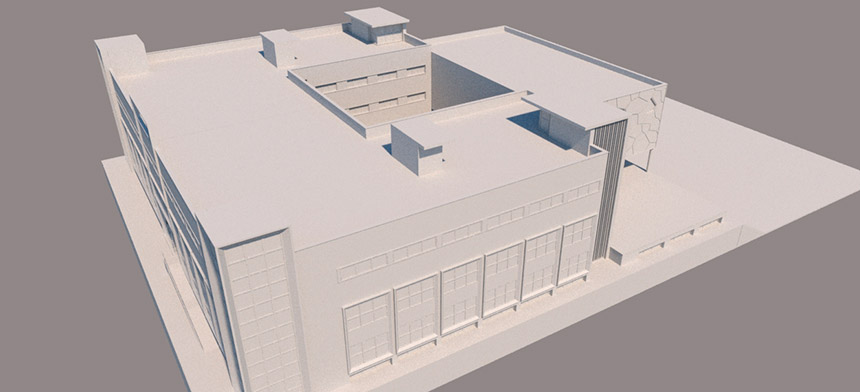 Render de la fachada terminada del nuevo edificio de Cesur con la escalera de acceso