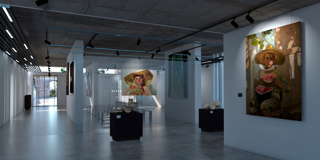 Interior del Pabellón de Clima Mediterráneo con instalaciones de arte